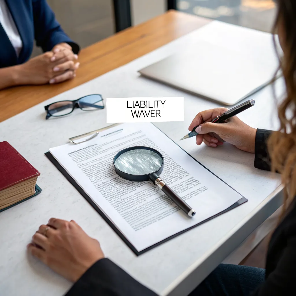 Ilustración de documento legal con lupa sobre texto de descargo de responsabilidad