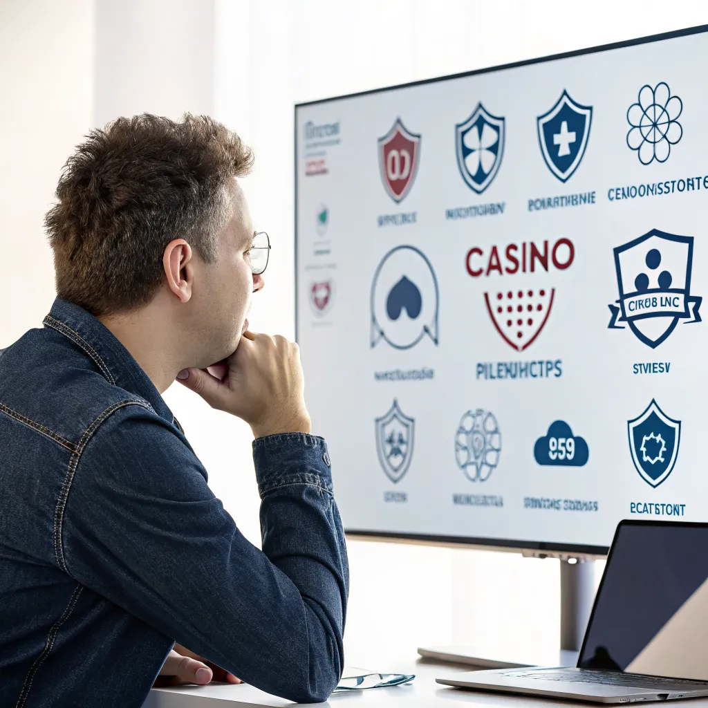 Ilustración de una persona reflexionando frente a una pantalla con iconos de juego responsable y un escudo protector