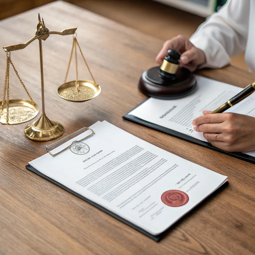 Documento legal con sello de verificación y balanza de justicia representando los términos de servicio de Accesoexclusjuegotime